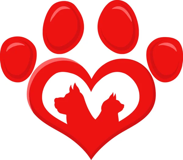 Köpekli Kızıl Aşk Pençesi Kedi Silueti Logosu Düz Tasarımı Vektör — Stok Vektör