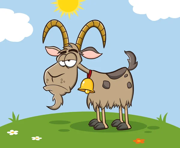 Grumpy Goat Cartoon Mascot Χαρακτήρας Ένα Λιβάδι Εικονογράφηση Raster Φόντο — Διανυσματικό Αρχείο