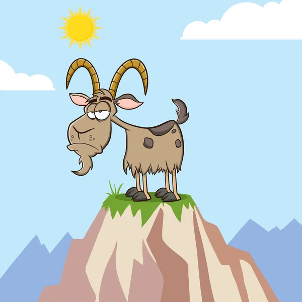 Zrzędliwa Postać Maskotki Kozy Szczycie Góry Raster Ilustracja Tle — Wektor stockowy