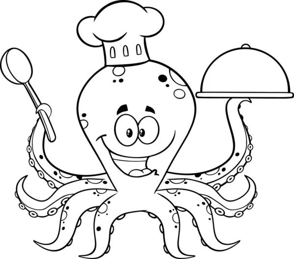 黒と白のタコシェフ漫画のキャラクターは サーバープラッターで食べ物を提供しています 白い背景に孤立したラスターイラスト — ストックベクタ