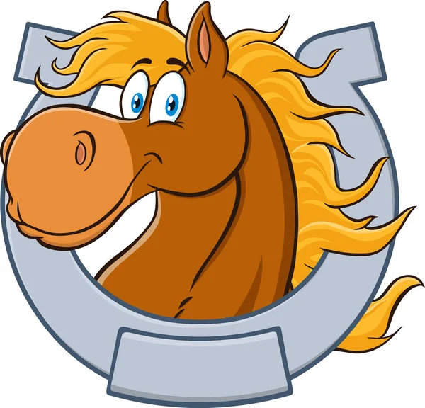 Cavalo Cabeça Dos Desenhos Animados Personagem Mascote Com Ferradura Ilustração —  Vetores de Stock