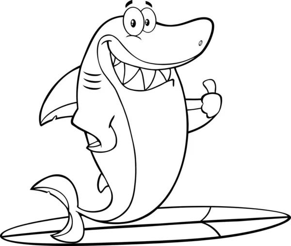 黒と白のサメ漫画マスコットキャラクターサーフィンと親指を保持します 背景を持つラスターイラスト — ストックベクタ