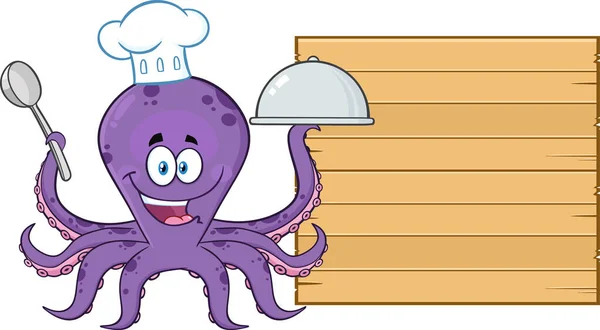 Oktopus Chef Cartoon Character Serving Food Wooden Blank Board Vektor — Stockvektor