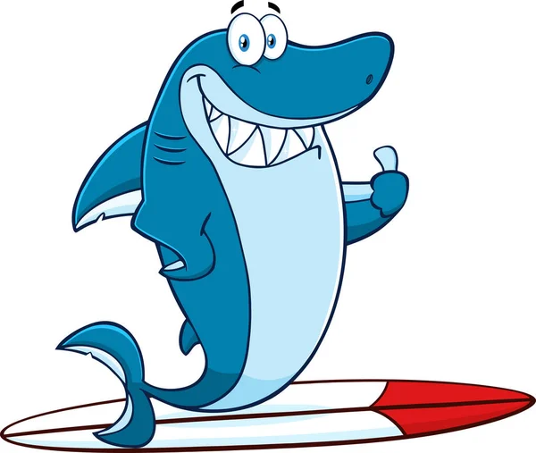 Smiling Blue Shark Cartoon Mascote Personagem Surf Segurando Polegar Para —  Vetores de Stock