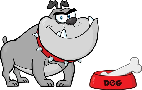 Smiling Gray Bulldog Cartoon Character Bowl Bone Vector Illustration Background — Stock Vector