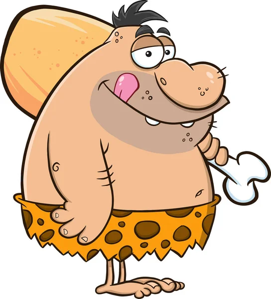 Fat Caveman Cartoon Charakter Mit Großen Hühnerbein Vektor Illustration Auf — Stockvektor