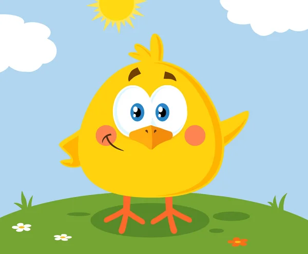 Smiling Yellow Chick Cartoon Charakter Winkt Zur Begrüßung Raster Illustration — Stockvektor
