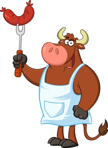 Bull Chef Cartoon Mascote Personagem Segurando Salsicha Garfo Ilustração Raster — Vetor de Stock