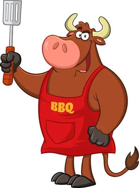 Bull Chef Cartoon Mascot Character Holding Slotted Spatula Векторная Иллюстрация — стоковый вектор