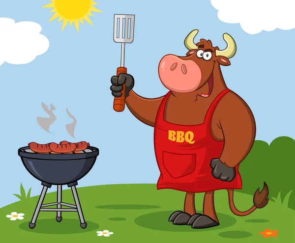 Bull Chef Cartoon Mascot Character Holding Slotted Spatula Barbecue Dalam - Stok Vektor