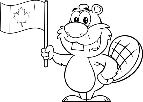 Black White Beaver Cartoon Maskot Character Holding Canadian Flag Rastrová — Stockový vektor