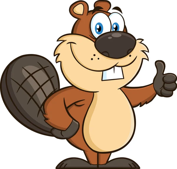 Beaver Cartoon Mascot Character Giving Thumb Raster Illustration Isolated White — Stock Vector
