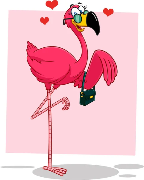 Postać Kreskówki Flamingo Bird Girl Okularach Torebce Ilustracja Wektora Izolowana — Wektor stockowy