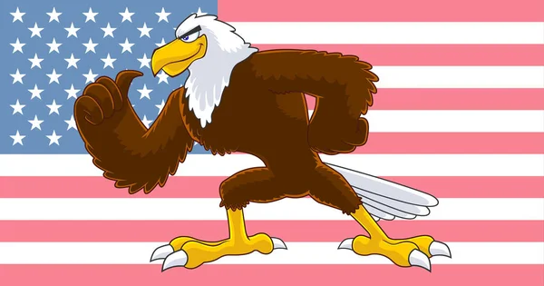 Eagle Bird Caráter Dos Desenhos Animados Sobre Bandeira Americana Ilustração —  Vetores de Stock