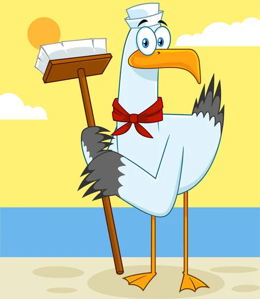 Racek Bird Sailor Cartoon Character Cleaning Brush Rastrová Ilustrace Venkovním — Stockový vektor