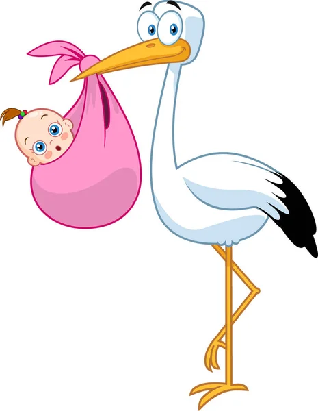 Stork Delivering Newborn Baby Girl Illustration Raster Isolé Sur Fond — Image vectorielle