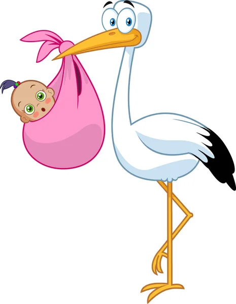 Stork Delivering Newborn Baby Girl Illustration Raster Isolé Sur Fond — Image vectorielle