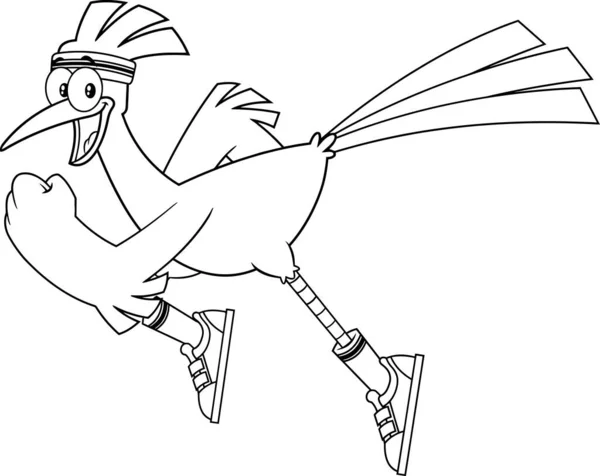 Schwarz Weiß Roadrunner Bird Cartoon Charakter Jogging Raster Illustration Isoliert — Stockvektor