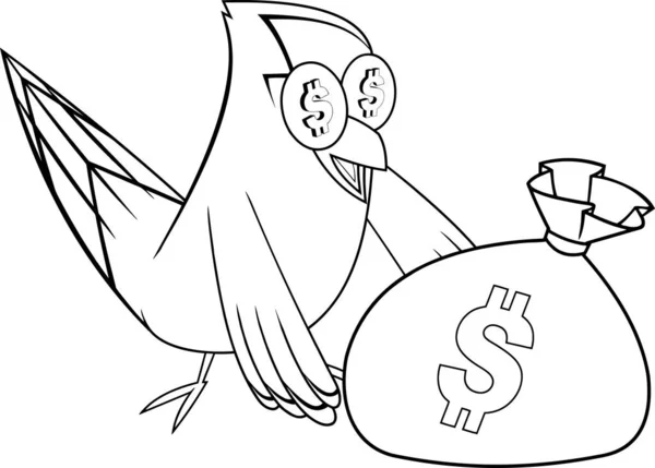 Black White Goldfinch Ptačí Kreslený Postava Pytlem Peníze Rastrová Ilustrace — Stockový vektor