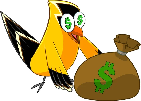 ゴールドフィンチ鳥漫画のキャラクターでお金バッグ 白い背景に孤立したラスターイラスト — ストックベクタ
