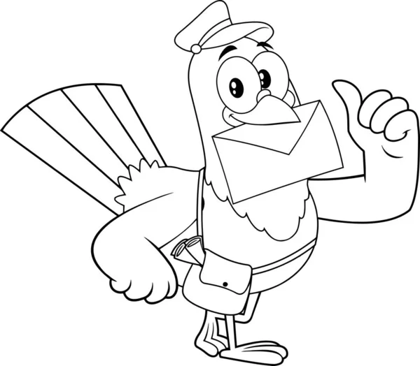 黒と白のピジョン鳥の漫画のキャラクターは手紙を提供し 親指を上げます 白い背景に孤立したラスターイラスト — ストックベクタ