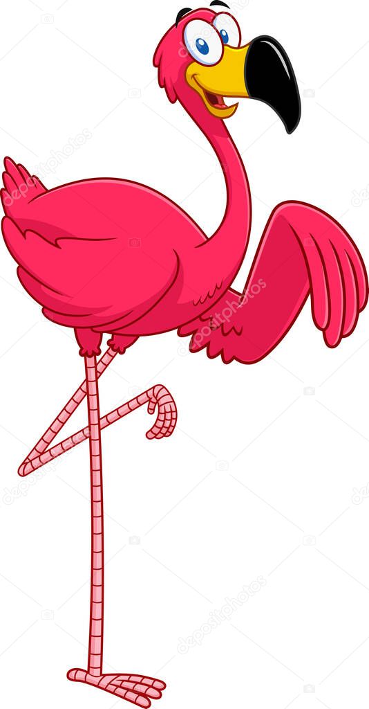 Cute Flamingo Bird Cartoon Character Waving. Raster Illustration Isolated On White Background