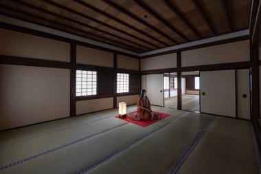 Himeji, Japonya - 29 Haziran 2017: Japonya'da Himeji, Himeji Kalesi iç. Kalenin prototip Japon kale mimari hayatta kalan en güzel örneği olarak kabul edilir.