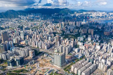 Batı Kowloon, Hong Kong 'un hava panoramik görüntüsü