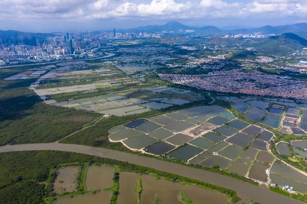 Luchtfoto Van Yeun Long Omgeving New Territories Hong Kong Stockafbeelding