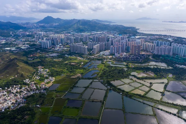 Flygfoto Över Yeun Long Och Närliggande New Territories Hong Kong Royaltyfria Stockbilder