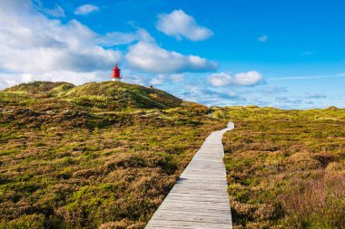 Norddorf 'taki deniz feneri Kuzey Denizi adası Amrum, Almanya.