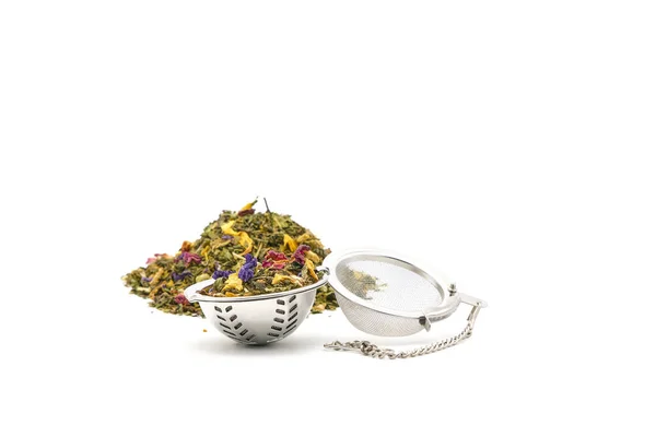 Colorful Herbal Tea Silver Infuser White Background Photographed Closeup — Stock Photo, Image