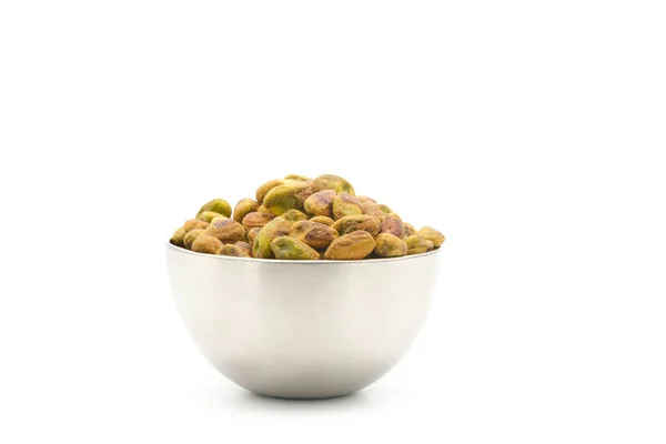 Schaal Van Vers Geroosterde Gezouten Pistachenoten Gefotografeerd Een Witte Achtergrond — Stockfoto