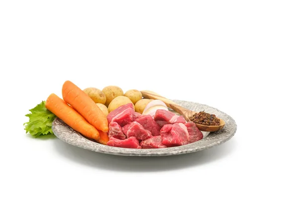 Ingredientes Necessários Para Fazer Delicioso Ensopado Carne Fotografado Fundo Branco — Fotografia de Stock