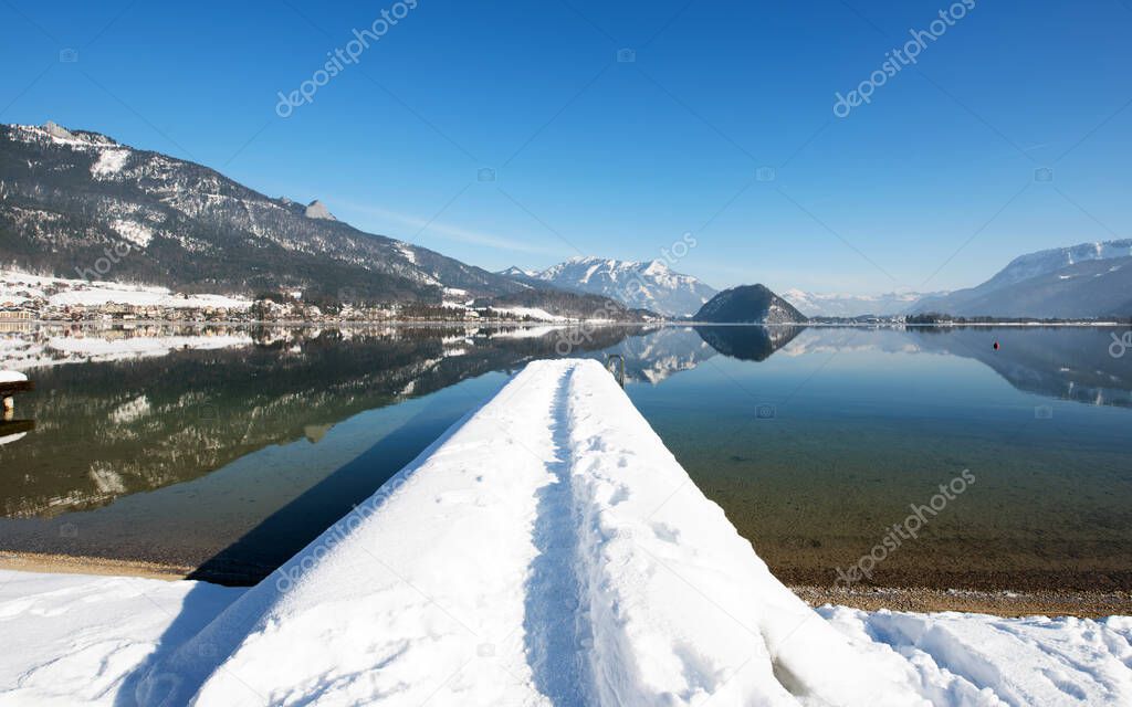 The picturesque Lake Wolfgang, captured from the shoreline of Abersee, in Austria