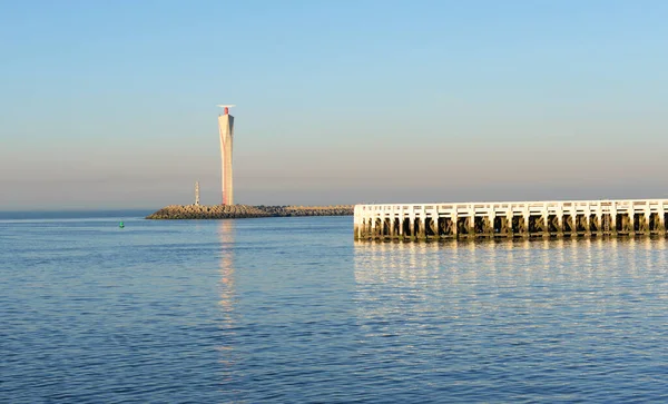 Ostend Belçika Daki Deniz Feneri Iskele Güneşli Bir Kış Akşamında — Stok fotoğraf