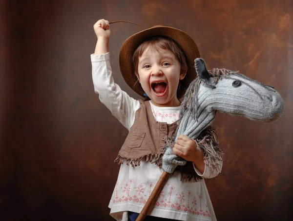 Cute Little Girl Dressed Cowboy Playing Homemade Horse Expressive Facial — Stock Photo, Image