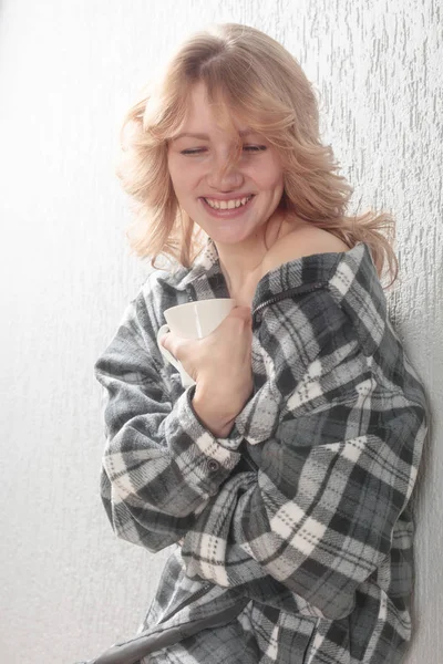 Young Pretty Curly Blonde Woman Shirt White Cup Cheerful Young — Stock Photo, Image