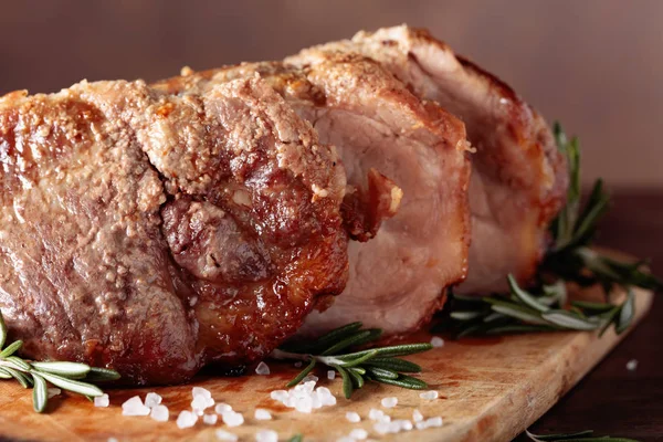 Oven Baked Pork Rosemary Spices Old Wooden Table — Stock Photo, Image