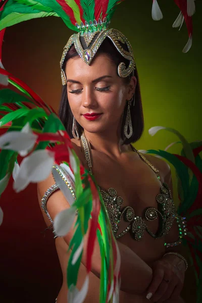 Beautiful Woman Carnival Costume Beautiful Professional Make Perfect Headdress Natural — Stock Photo, Image