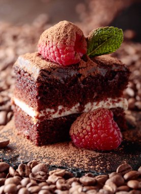 Çikolatalı kek Ahududu ve nane ile closeup .