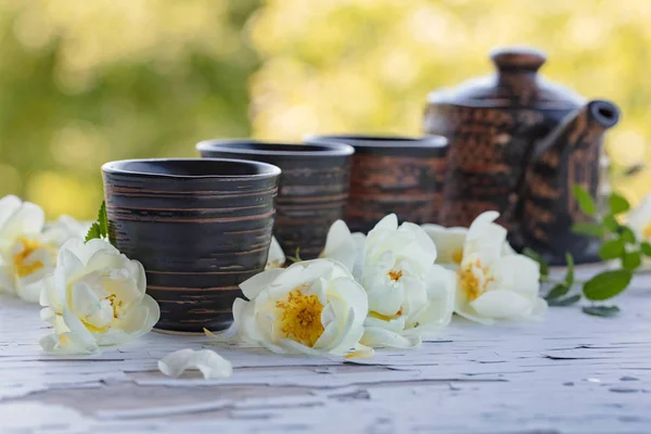 Ceramic Cups Teapot White Dog Roses Old Wooden Table Garden — Stock Photo, Image