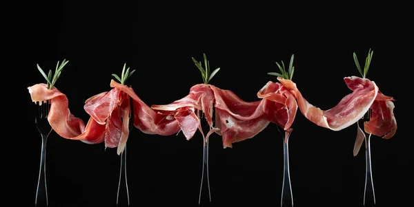 Prosciutto Rosemary Black Background Copy Space Your Text — Stock Photo, Image