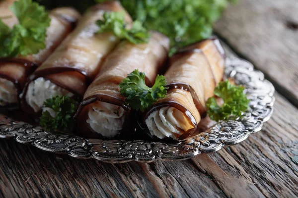 Tasty Eggplant Rolls Stuffed Cheese Garlic — Stock Photo, Image