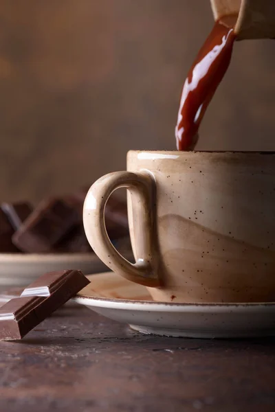 Cup Hot Chocolate Bitter Chocolate Pieces Copy Space Your Text — Stock Photo, Image
