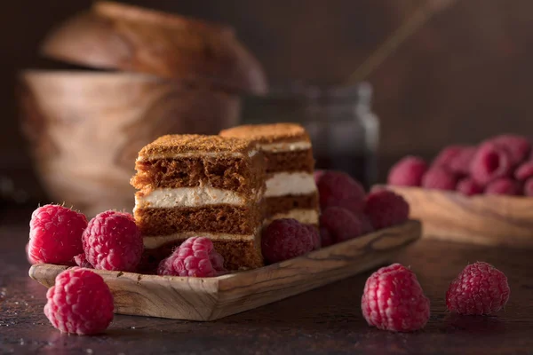 自制奶油红覆盆子的双层蜂蜜蛋糕 — 图库照片