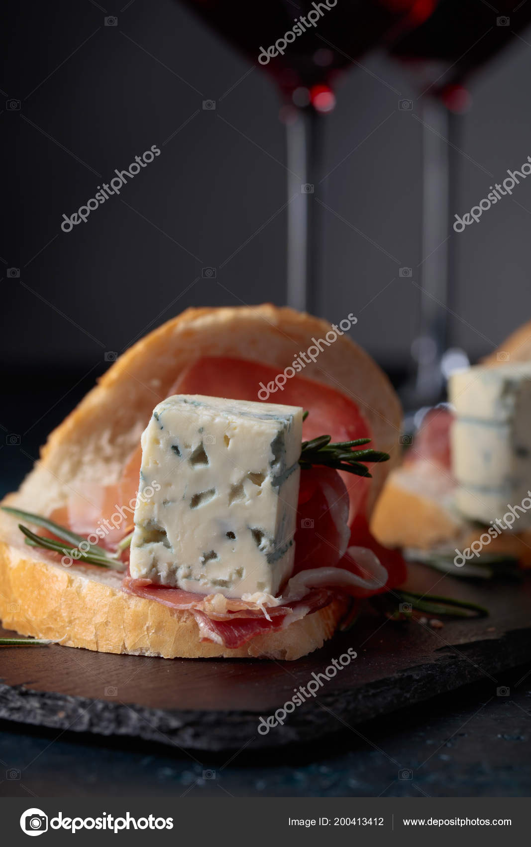 Sandwich Prosciutto Blue Cheese Rosemary Dark Background Delicious