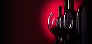 Gözlük ve şişe kırmızı şarap, metniniz için kopya alanı.