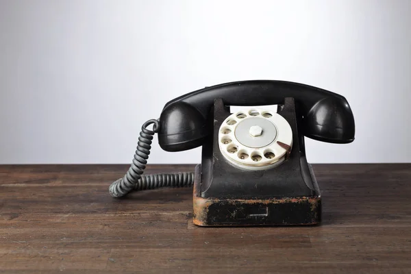 Old Black Phone Wooden Table Copy Space Your Text — Stock Photo, Image