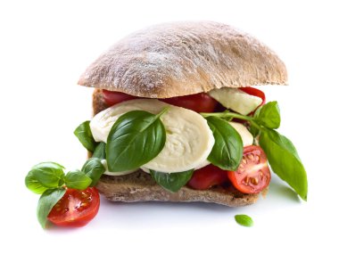 Mozzarella peyniri, domates ve fesleğen izole beyaz arka plan üzerinde ciabatta